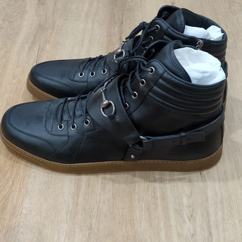 Gucci Black Leather Horsebit Accent High Top Sneakers NWOB - Picture 7 of 9